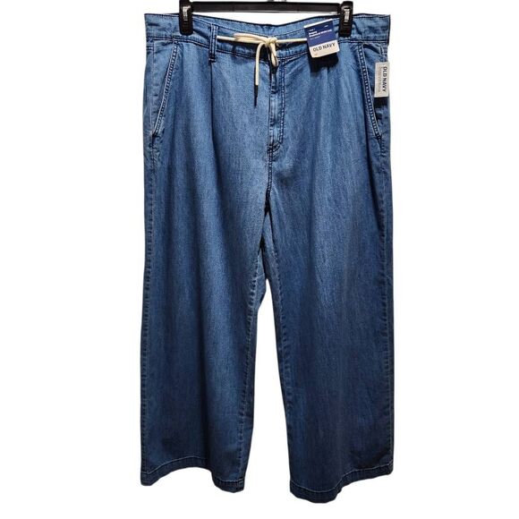 Old Navy high rise drapey drawcord wide leg full length pants blue 16 New - Picture 1 of 8